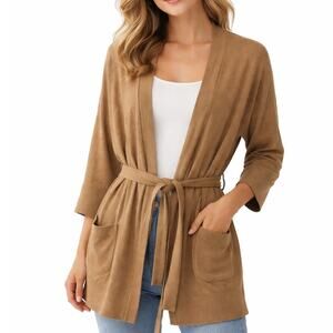 Humanoid Belted Cardigan M Tan Cotton Knit Minimalist 3/4 Sleeve Open